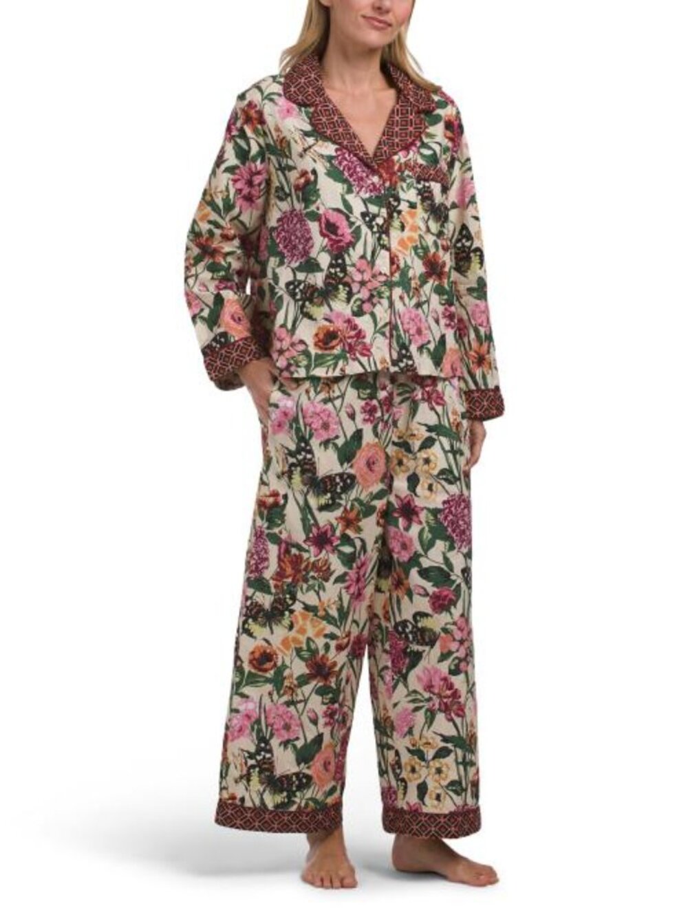 JAPNA 2pc Mixed Print Long Sleeve Notch Collar Pajama Top And Pants Set